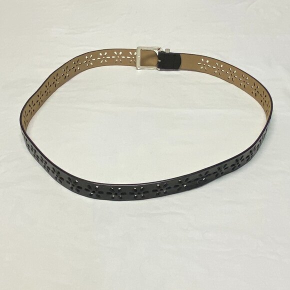 Faux Leather Daisy Cut Out Black Belt 2X Silver Metallic Buckle Boho Western - Picture 7 of 8